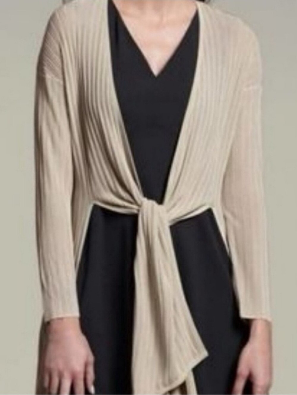 MM.LaFleur Women's XL Long-Sleeve Pleated Ribbed Open-Front Cardigan in Taupe